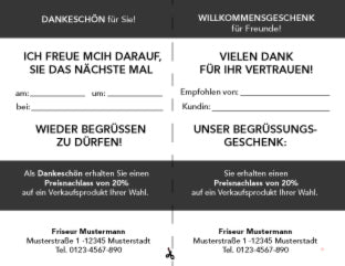 Rückseite des Druckmotivs "schwarz-weiß". Mit Tabelle zum Eintragen von Kunde und Neukunde und Ankündigung von Rabatten. Mit Linie zum trennen der beiden Hälften. Graue Akzentflächen.