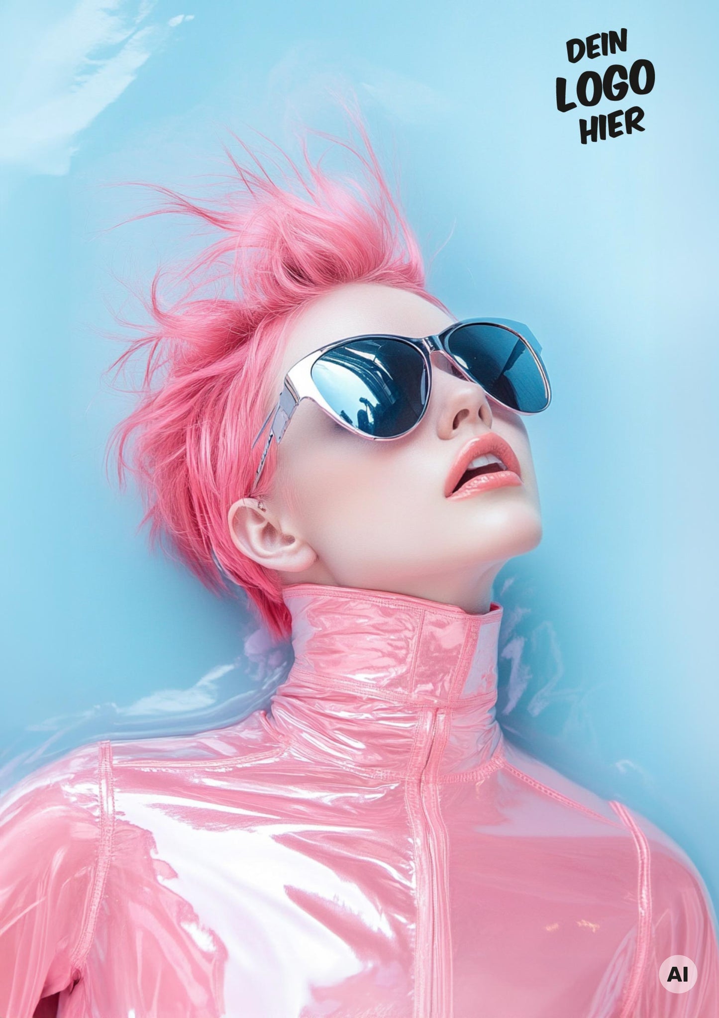 Das Druckmotiv "rosa" zeigt ein Model mit rosa kurzen Haaren und edler Sonnenbrille in rosa Latex-Anzug vor strahlend blauem Hintergrund. Druckposition des Logos oben rechts. 