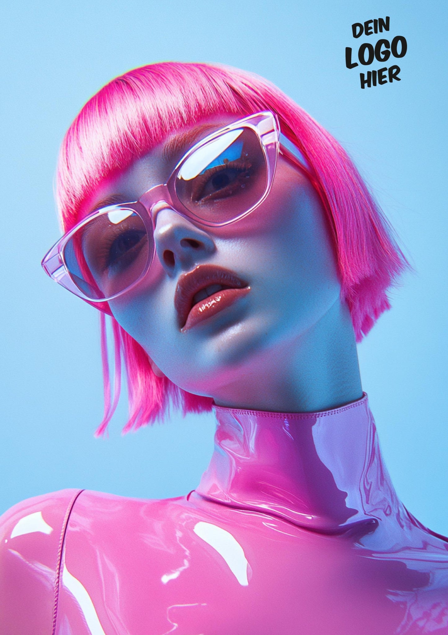 Das Druckmotiv "pink" zeigt ein Model mit pinken kurzen Haaren und pinker Sonnenbrile in pinkem Latex-Anzug vor strahlendblauem Hintergrund.  Druckposition des Logos oben rechts. 