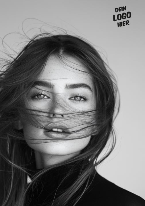 Das Druckmotiv "schwarz-weiß" zeigt ein Model, dessen Haare im Wind wehen. Sie blickt geradeaus in die Kamera. Druckposition des Logos oben rechts. 