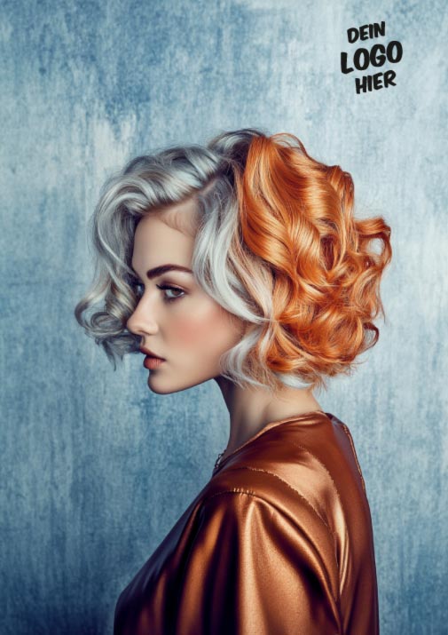 Das Druckmotiv "bronze" zeigt ein Model mit hellgrauen und bronzenen lockigen Haaren. Sie steht seitlich mit der Schulter zur Kamera und trägt eine bronzefarbene Bluse. Der Hintergrund ist grau-blau. Druckposition des Logos oben rechts. 