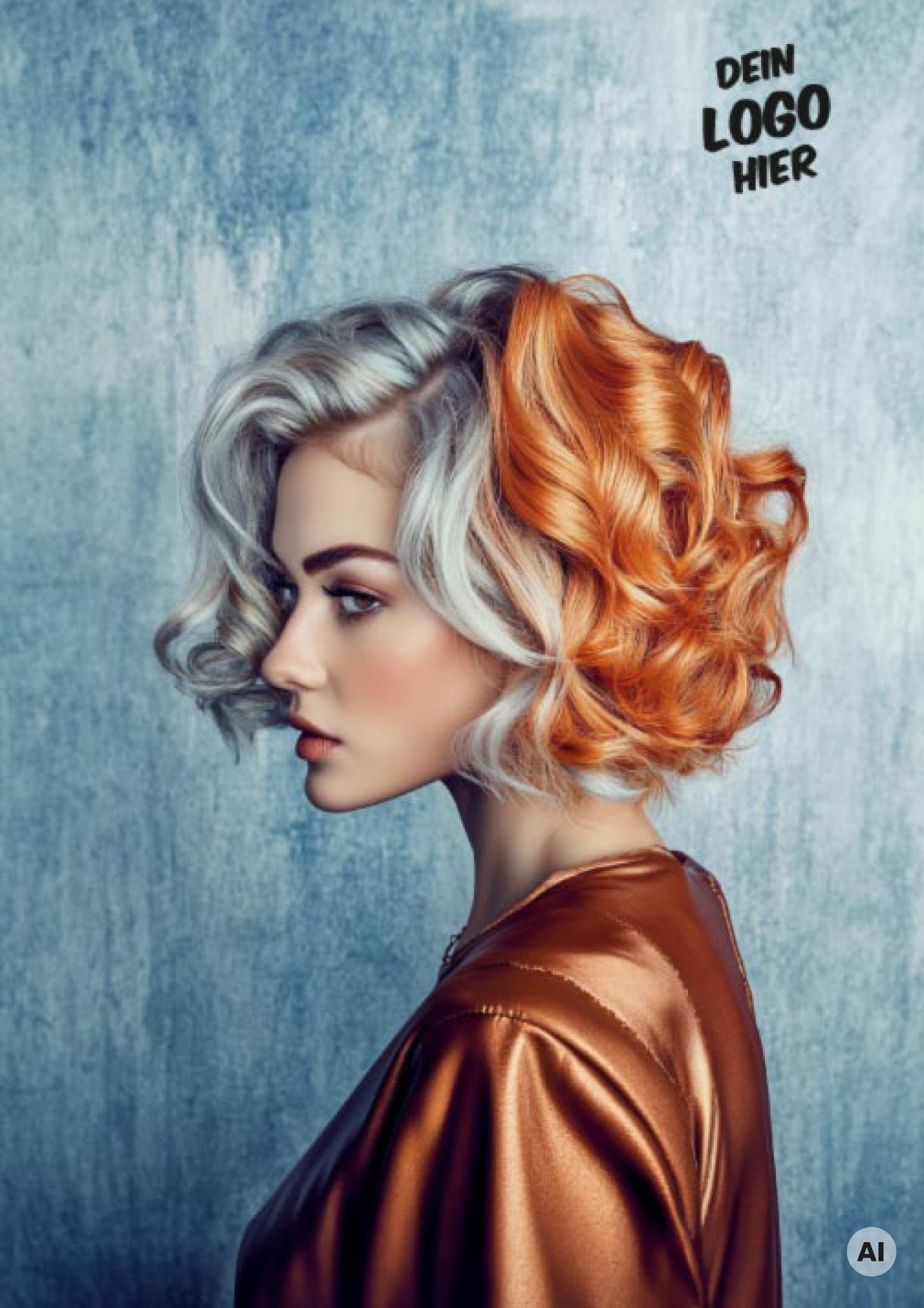 Das Druckmotiv "bronze" zeigt ein Model mit hellgrauen und bronzenen lockigen Haaren. Sie steht seitlich mit der Schulter zur Kamera und trägt eine bronzefarbene Bluse. Der Hintergrund ist grau-blau. Druckposition des Logos oben rechts. 