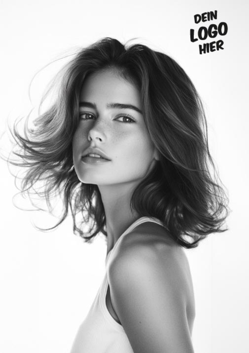 Das Druckmotiv "schwarz-weiß 2" zeigt eine Model, dessen Haare sanft im Wind wehen. Sie steht mit der Schulter zur Kamera gedreht. Logoplatzierung rechts oben. 
