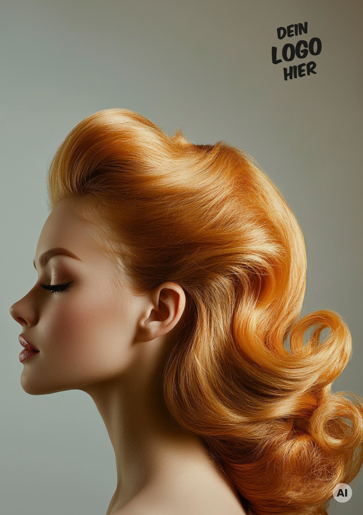 Das Druckmotiv "gold" zeigt ein Model mit blonden Haaren. Sie steht seitlich zur Kamera und hat ihre Augen geschlossen. Druckposition des Logos oben rechts. 