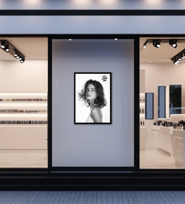 Eine mit einem Model-Foto bedruckte Backlite-Folie in einem Leuchtkasten an der Außenwand eines Salons. Individualisiert mit deinem Logo.
