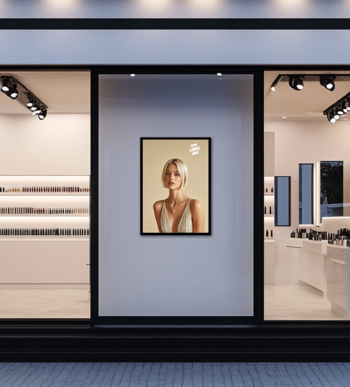 Eine mit einem Model-Foto bedruckte Backlite-Folie in einem Leuchtkasten an der Außenwand eines Salons. Das Motiv der Backlitefolie zeigt eine Frau mit kurzem blonden Haar und Glitzerkleid. Individualisiert mit deinem Logo.
