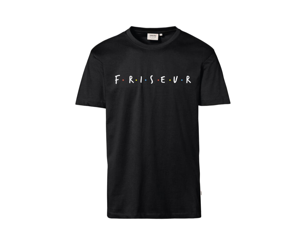 Schwarzes T-Shirt (Vorderseite) mit weiß/buntem Aufdruck "F.R.I.S.E.U.R"
