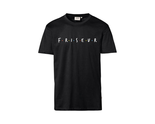 Schwarzes T-Shirt (Vorderseite) mit weiß/buntem Aufdruck "F.R.I.S.E.U.R"