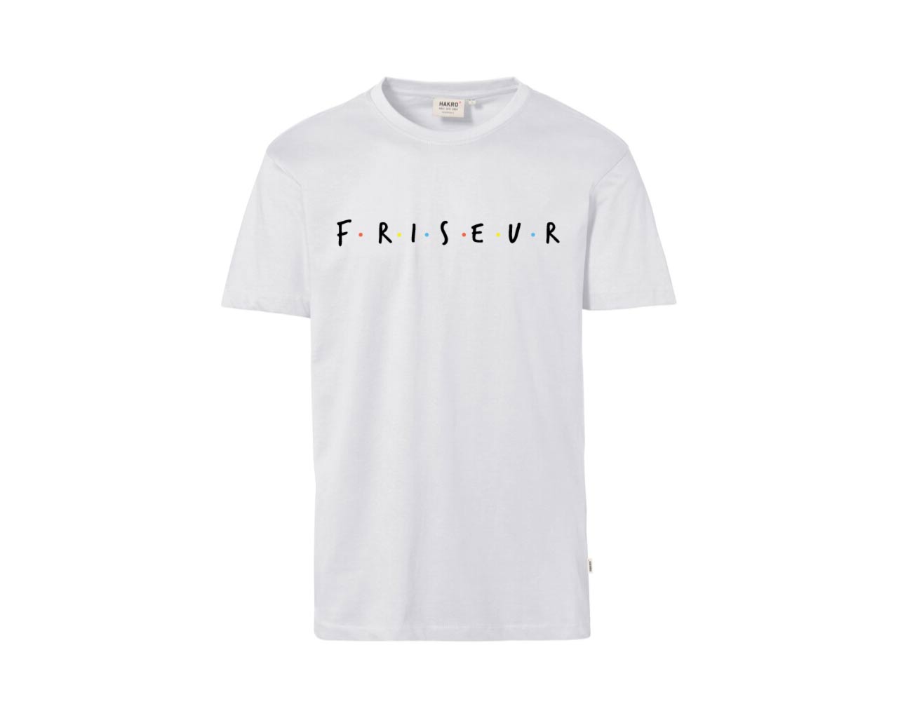 Weißes T-Shirt (Vorderseite) mit schwarz/buntem Aufdruck "F.R.I.S.E.U.R"