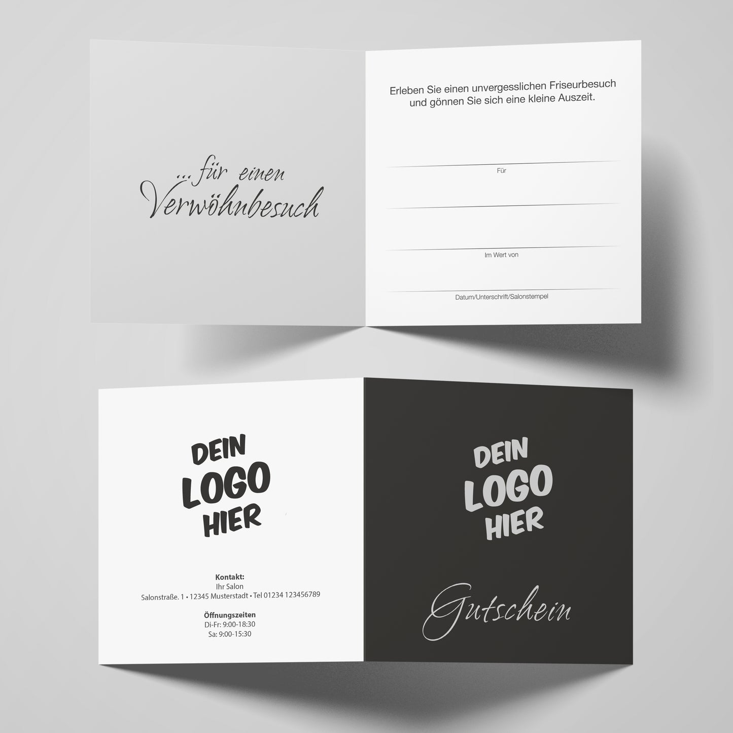 Geschenkgutschein Außen- und Innenansicht. Veredelung mit Logo und Kontaktdaten. 
