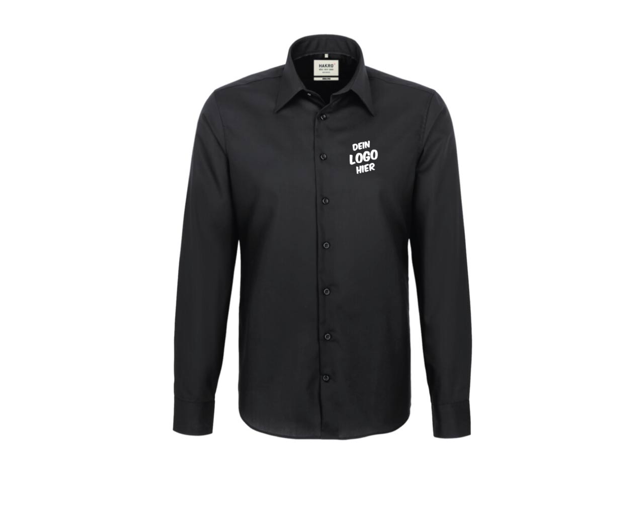 Schwarzes Hemd (Vorderseite) mit weißem Aufdruck auf der linken Brustseite "Dein Logo hier".