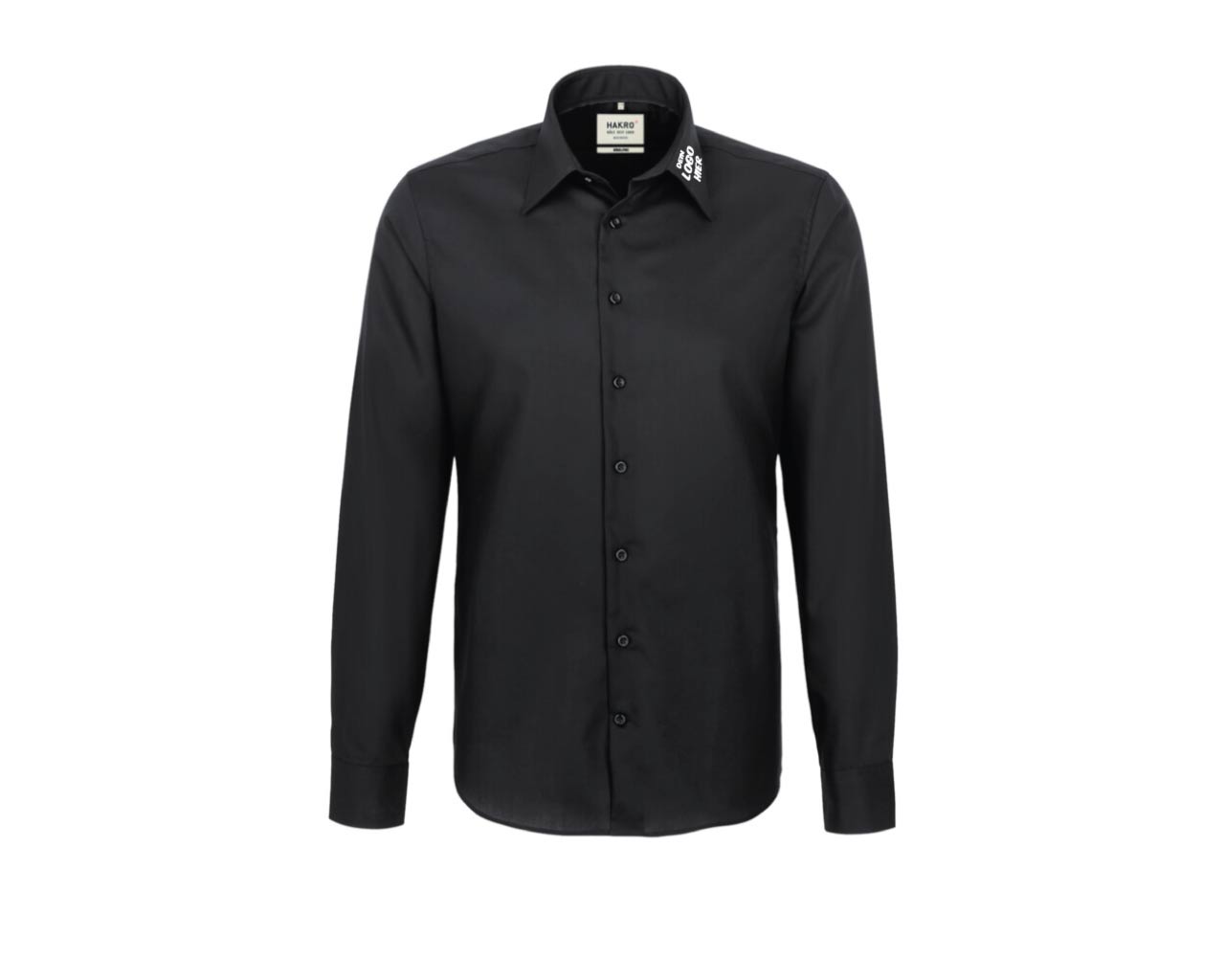 Schwarzes Hemd (Vorderseite) mit weißem Aufdruck auf der linken Kragenseite "Dein Logo hier".