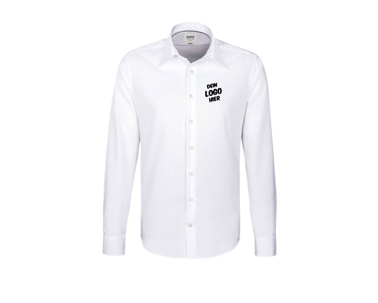 Weißes Hemd (Vorderseite) mit schwarzem Aufdruck auf der linken Brustseite "Dein Logo hier".