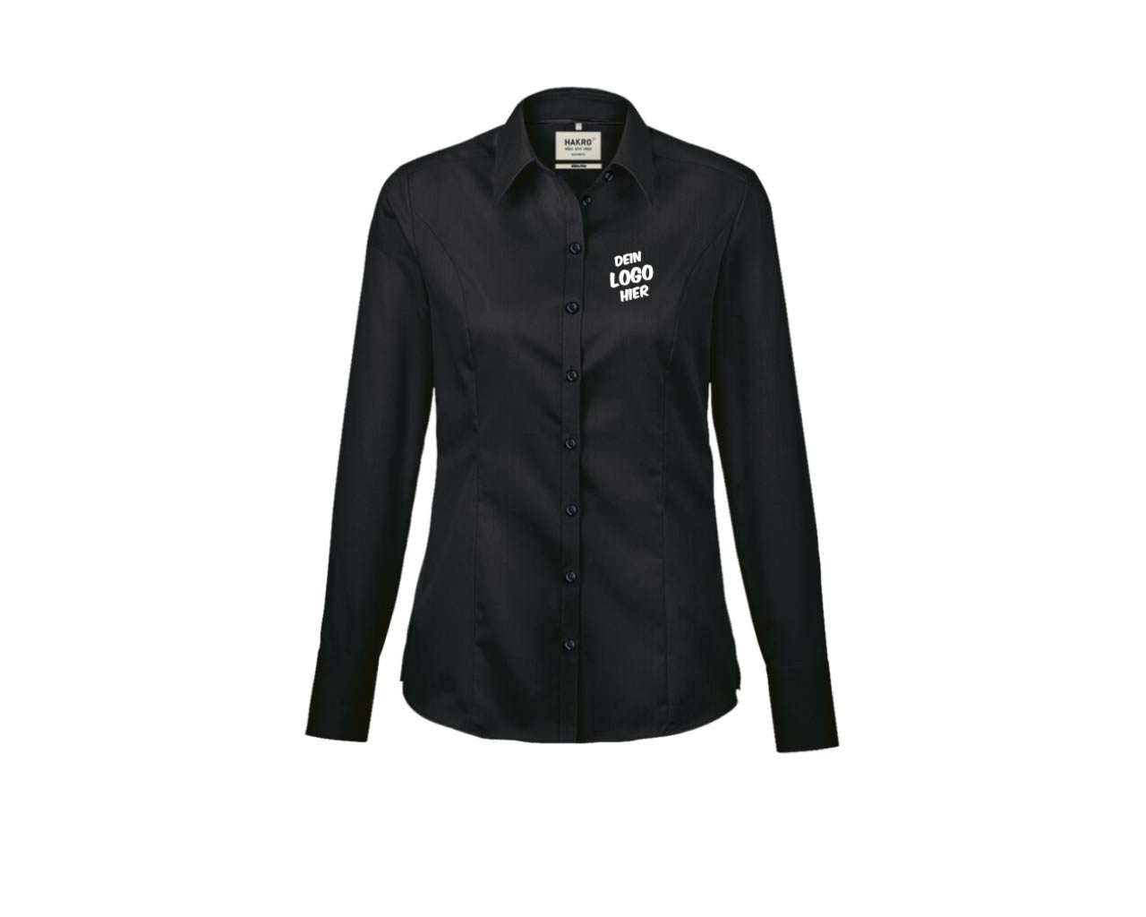Schwarzes Hemd (Vorderseite) mit weißem Aufdruck auf der linken Kragenseite "Dein Logo hier".