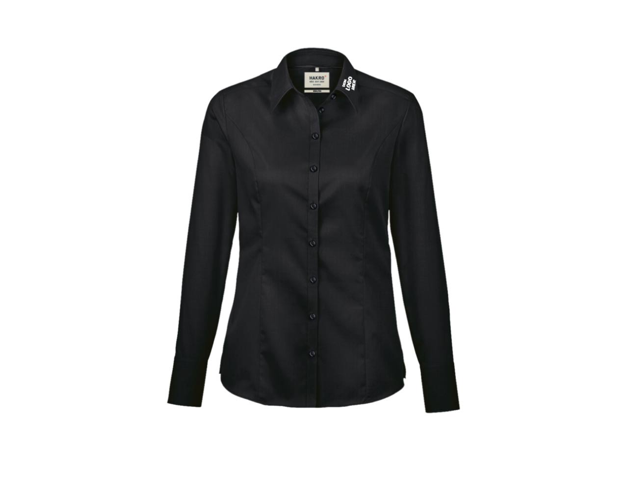 Schwarzes Hemd (Vorderseite) mit weißem Aufdruck auf der linken Brustseite "Dein Logo hier".