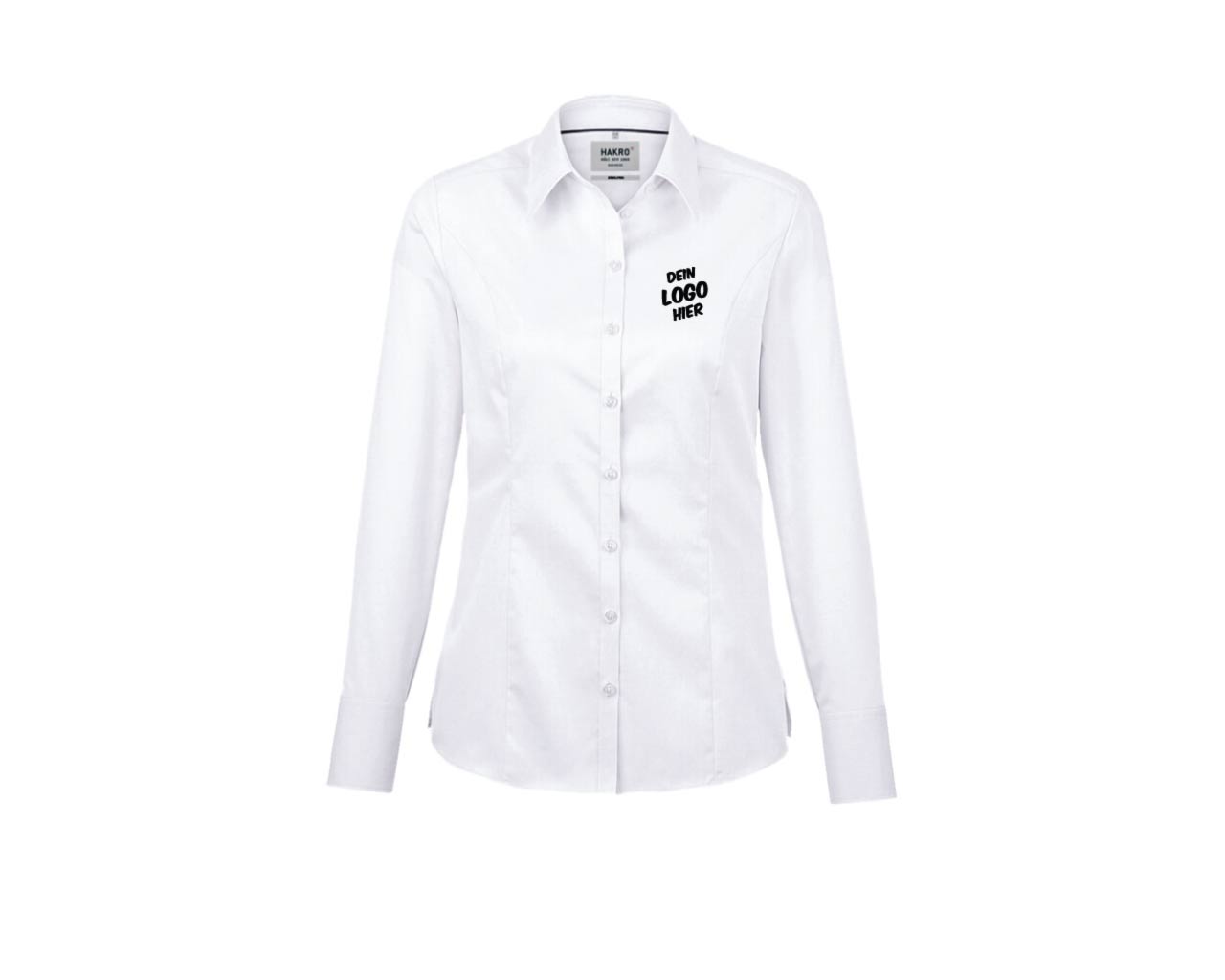 Weißes Hemd (Vorderseite) mit schwarzem Aufdruck auf der linken Brustseite "Dein Logo hier".