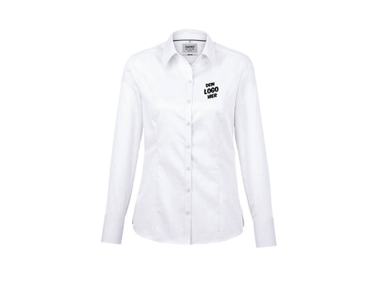 Weißes Hemd (Vorderseite) mit schwarzem Aufdruck auf der linken Brustseite "Dein Logo hier".