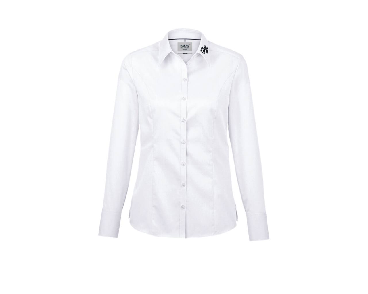 Weißes Hemd (Vorderseite) mit schwarzem Aufdruck auf der linken Kragenseite "Dein Logo hier".