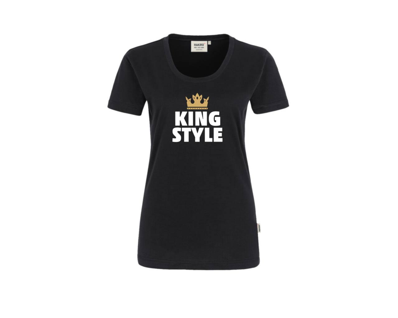 schwarzes T-Shirt (Vorderseite) mit dem Aufdruck "King Style" und einer goldenen Krone.