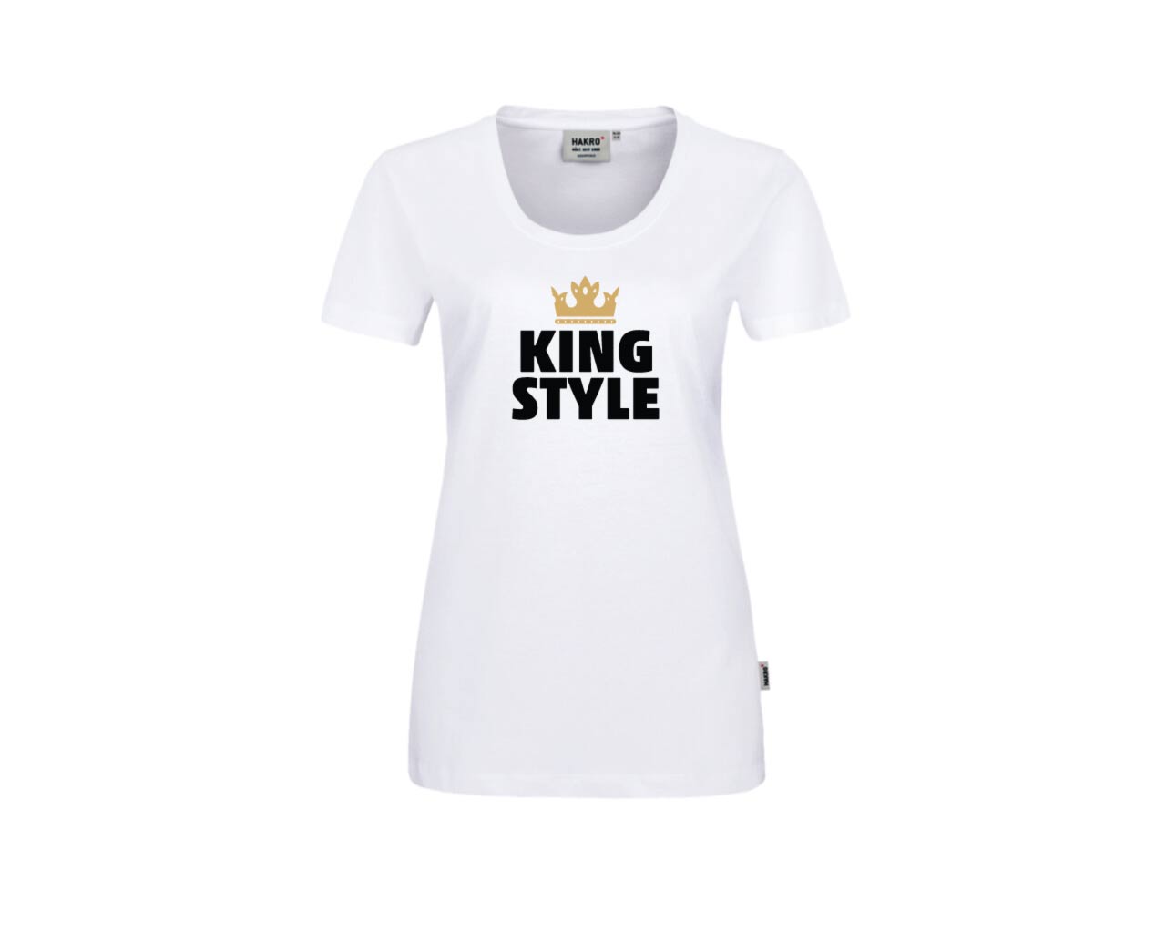 weißesT-Shirt (Vorderseite) mit dem Aufdruck "King Style" und einer goldenen Krone.