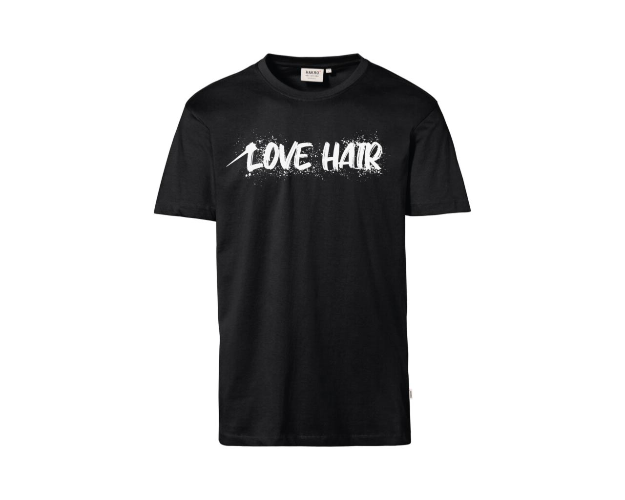 Schwarzes T-Sirt mit weißem Aufdruck "Love Hair" mit Haarfärbepinsel Optik.