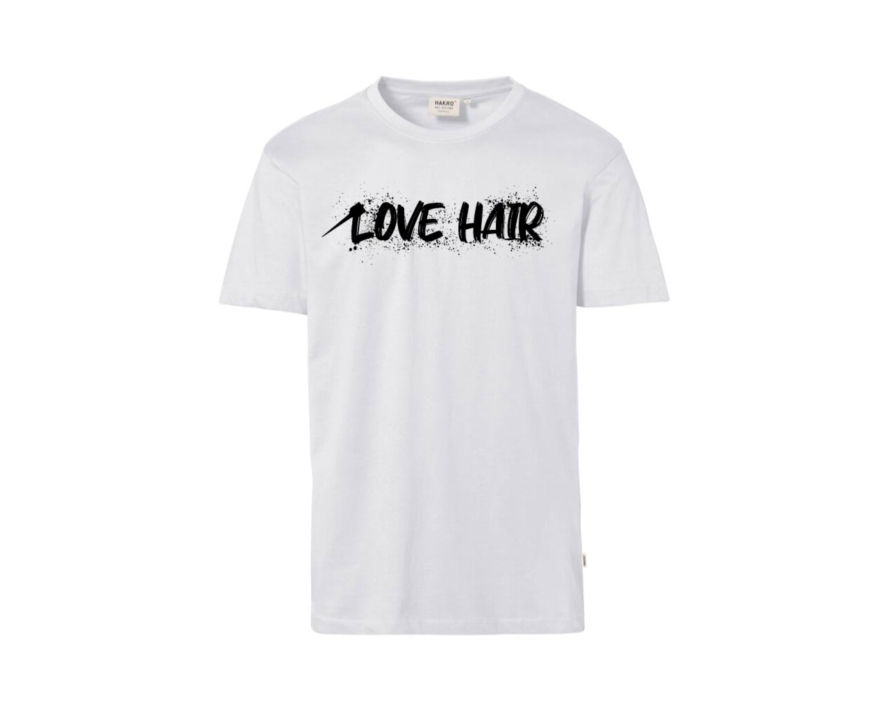Weißes T-Sirt mit schwarzem Aufdruck "Love Hair" mit Haarfärbepinsel Optik.
