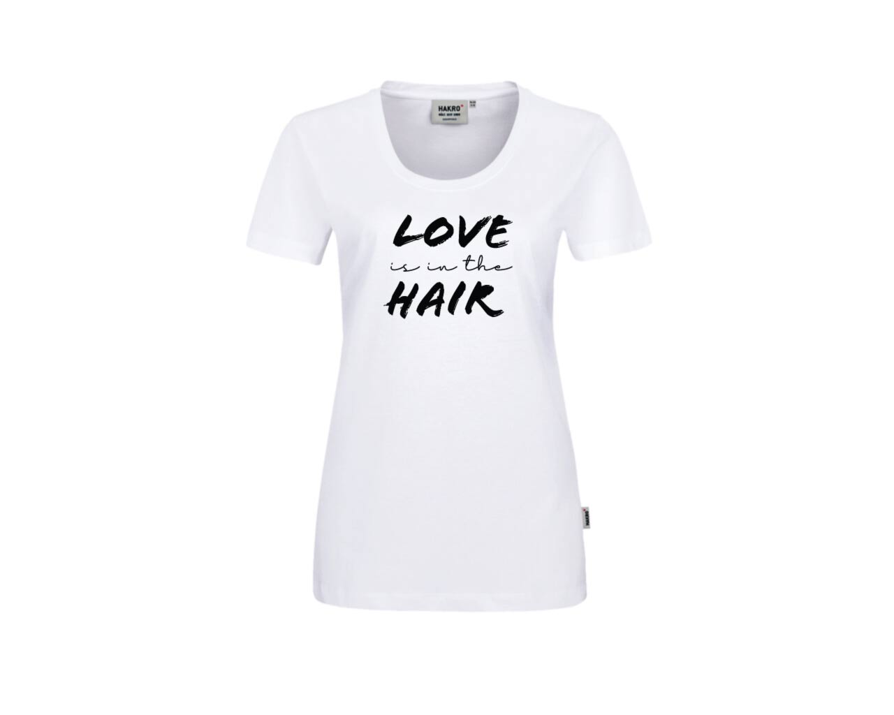 weißes T-Shirt mit (Vorderseite) mit Aufdruck (Schrift) "Love is in the hair".