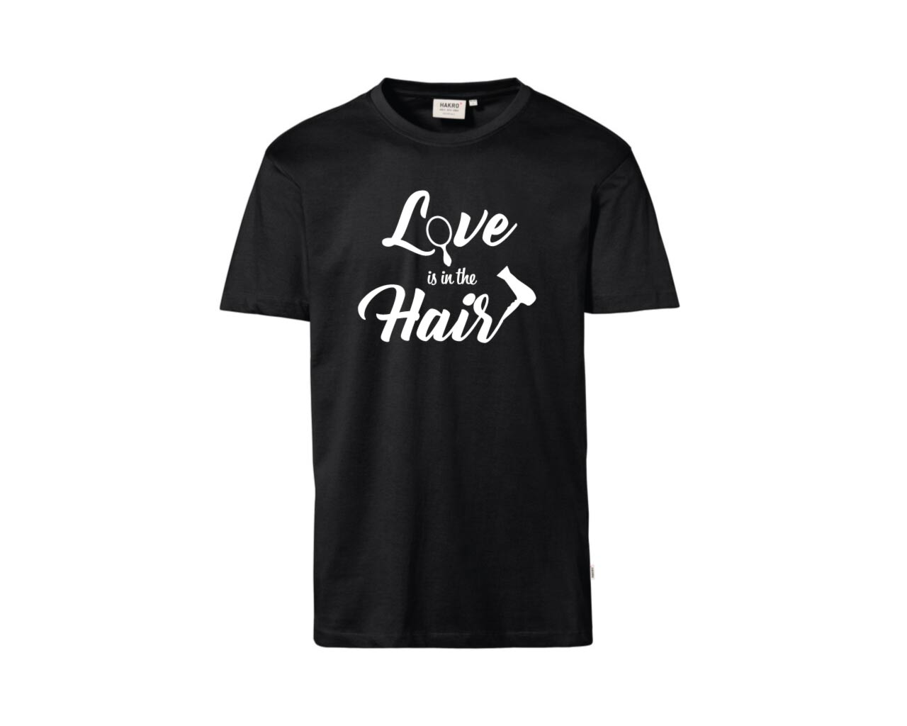 Schwarzes T-Shirt mit weißem Aufdruck "Love is in the Hair" mit Motiven Spiegel und Haartrockner.