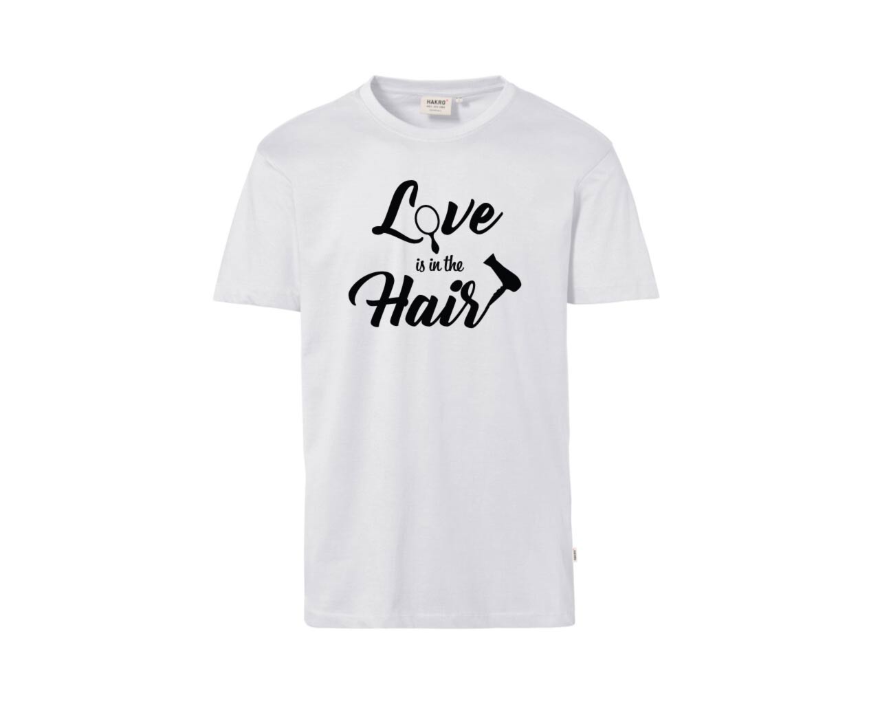 Weißes T-Shirt mit schwarzem Aufdruck "Love is in the Hair" mit Motiven Spiegel und Haartrockner.