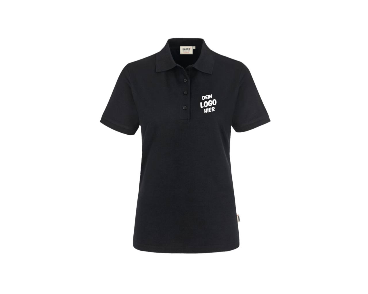 Schwarzes Polo-Shirt (Vorderseite) mit weißem Aufdruck auf der linken Brustseite "Dein Logo hier".