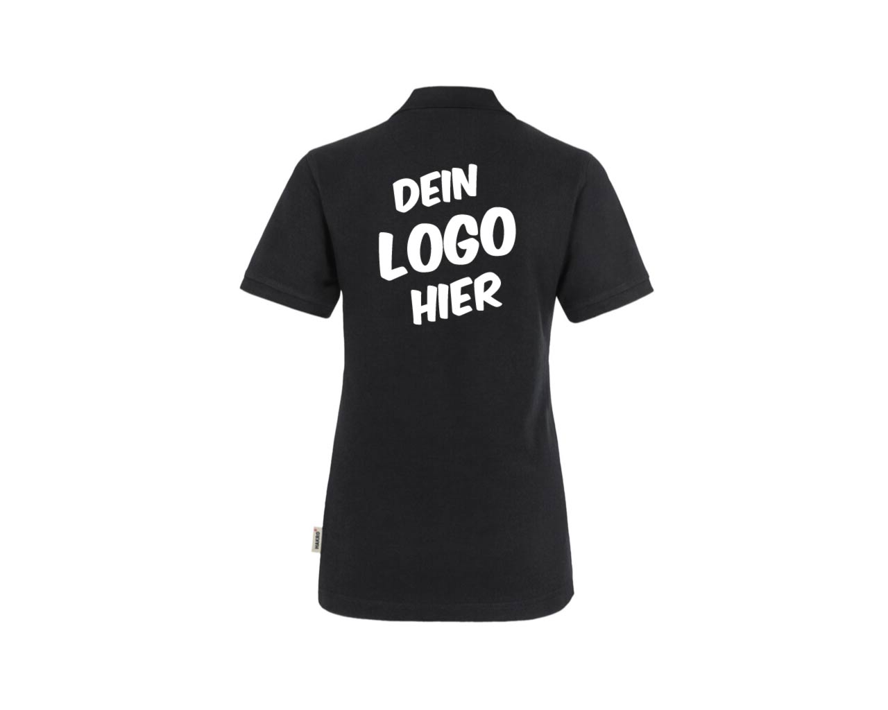 Schwarzes Polo-Shirt (Rückseite) mit weißem Aufdruck "Dein Logo hier".