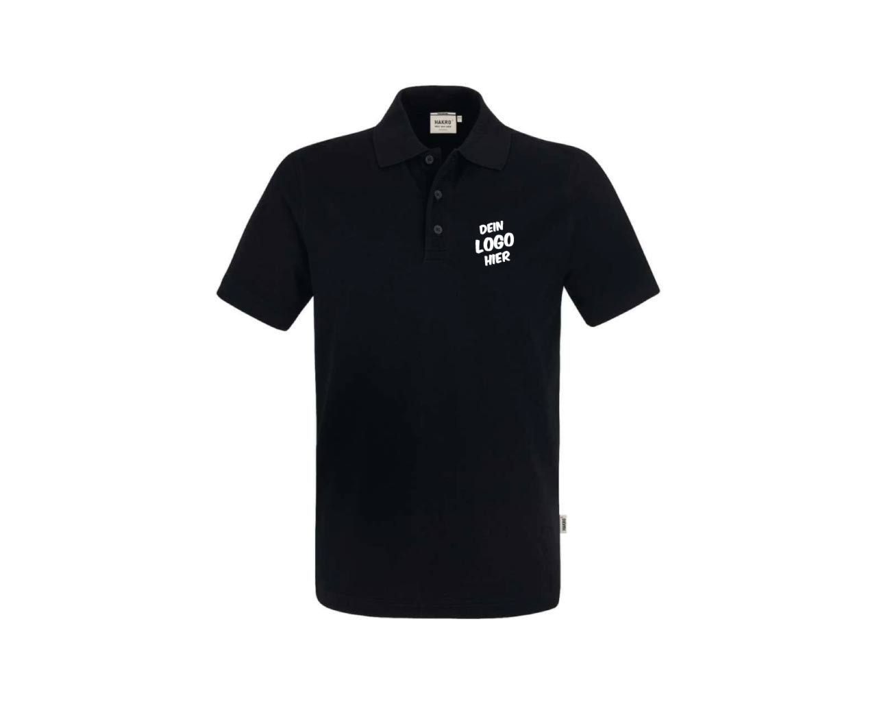 schwarzes Polo-Shirt (Vorderseite) mit weißem Aufdruck auf der linken Brustseite "Dein Logo hier".