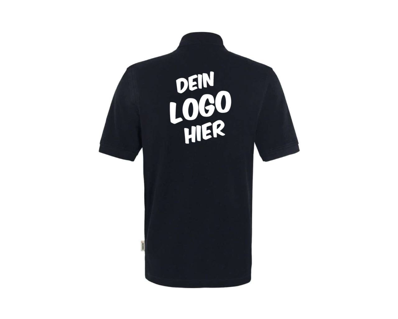 schwarzes Polo-Shirt (Rückseite) mit weißem Aufdruck "Dein Logo hier".