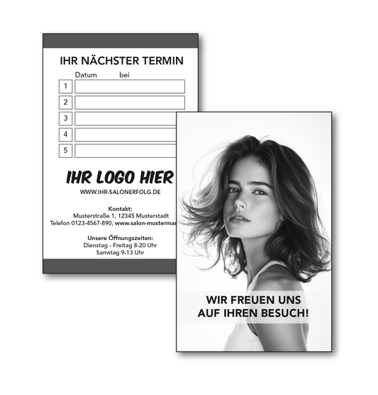 Terminkarten im Stil "schwarz-weiß": ein Model mit langen, im Wind wehenden Haaren