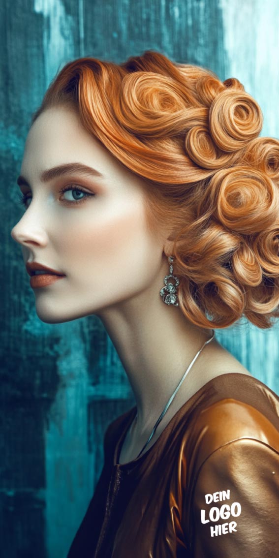 Druck-Motiv "Bronze". Das Druckmotiv zeigt ein weibliches Model mit rötlichen Haaren in einer Hochsteckfrisur. Sie trägt ein kupferfarbenes Top und edle Ohrringe. 