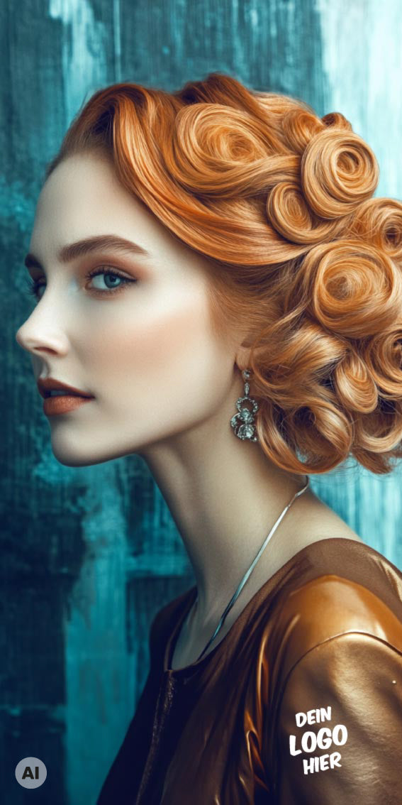 Druck-Motiv "Bronze". Das Druckmotiv zeigt ein weibliches Model mit rötlichen Haaren in einer Hochsteckfrisur. Sie trägt ein kupferfarbenes Top und edle Ohrringe. 