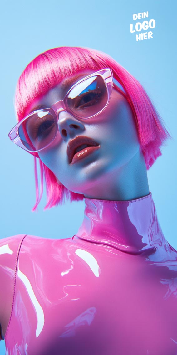 Druck-Motiv "Pink". Der Druck zeigt eine Frau mit pinkem Bob-Haarschnitt und pinker Sonnenbrille, in pinkem Latexshirt vor strahlend blauem Hintergrund. Salonlogo oben rechts