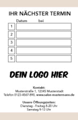 Rückseite des Druckmotivs "beige" mit einer Tabelle zum Eintragen der nächsten Termine und Personalisierung mit Logo und Anschrift. Akzente in Beige.