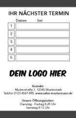 Rückseite des Druckmotivs "schwarz-weiß" mit einer Tabelle zum Eintragen der nächsten Termine und Personalisierung mit Logo und Anschrift. Akzente in grau.
