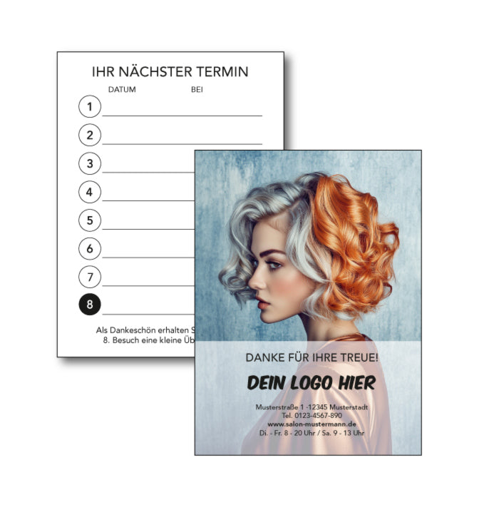 Terminkarte mit dem Motiv "bronze". Auf der Vorderseite ein Bild eines Models mit grau-bronzefarbenen Haaren und der Aufschrift "DANKE FÜR IHRE TREUE!" und Personalisierung mit Logo und Anschrif. Auf der Rückseite eine Tabelle zum Eintragen von 8 Terminen, Ankündigung einer Überraschung beim 8.Besuch.