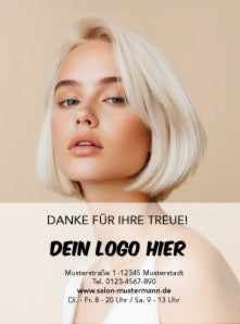 Vorderseite des Motivs "beige" mit Bild eines Models mit kinnlangen, blonden Haaren und der Aufschrift "DANKE FÜR IHRE TREUE!"und Personalisierung mit Logo und Anschrift.