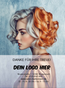 Vorderseite des Motivs "bronze" mit Bild eines Models mit grau-bronzefarbenen Haaren und der Aufschrift "DANKE FÜR IHRE TREUE!"und Personalisierung mit Logo und Anschrift.