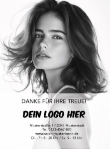 Vorderseite des Motivs "schwarz-weiß" mit Bild eines Models mit im Wind wehenden Haaren und der Aufschrift "DANKE FÜR IHRE TREUE!"und Personalisierung mit Logo und Anschrift.