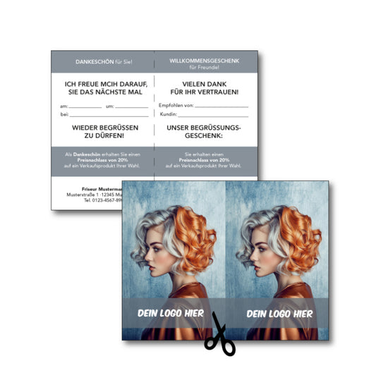 Weiterempfehlungskarte mit dem Motiv "bronze". Auf der Vorderseite ein Bild eines Models mit grau-bronzefarbenen Haaren und " und Personalisierung mit Logo. Auf der Rückseite eine Tabelle zum Eintragen von Kunde und Neukunde und Ankündigung von Rabatten. Mit Linie zum trennen der beiden Hälften.