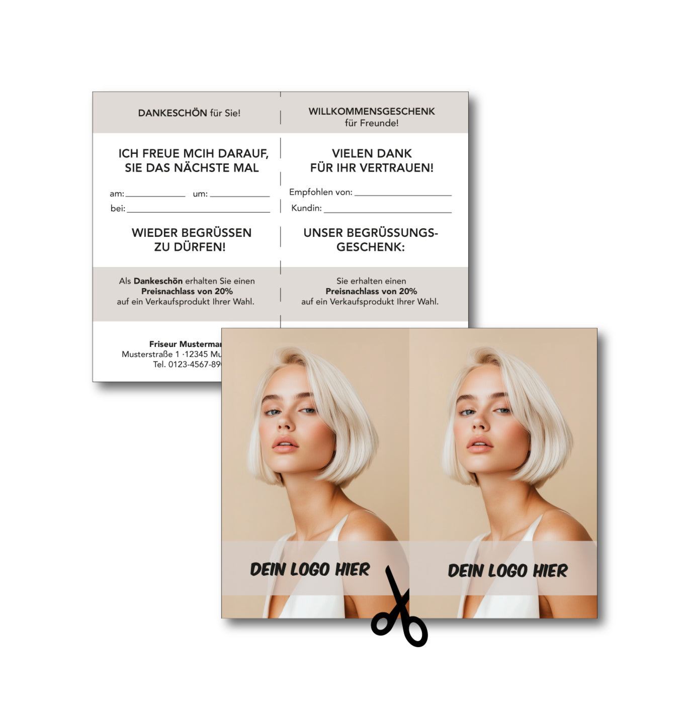 Weiterempfehlungskarte mit dem Motiv "beige". Auf der Vorderseite ein Bild eines Models mit kinnlangen, blonden Haaren und " und Personalisierung mit Logo. Auf der Rückseite eine Tabelle zum Eintragen von Kunde und Neukunde und Ankündigung von Rabatten. Mit Linie zum trennen der beiden Hälften.