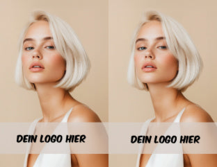 Vorderseite des Motivs "beige" mit Bild eines Models mit kinnlangen, blonden Haaren und Personalisierung mit Logo. Doppelt zum Abtrennen.