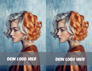 Vorderseite des Motivs "bronze" mit Bild eines Models mit grau-bronzefarbenen Haaren und Personalisierung mit Logo. Doppelt zum Abtrennen.