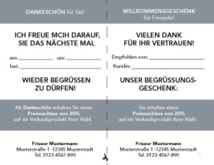 Rückseite des Druckmotivs "bronze". Mit Tabelle zum Eintragen von Kunde und Neukunde und Ankündigung von Rabatten. Mit Linie zum trennen der beiden Hälften. Grau-blaue Akzentflächen.