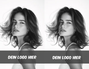 Vorderseite des Motivs "schwarz-weiß" mit Bild eines Models mit im Wind wehenden Haaren und Personalisierung mit Logo. Doppelt zum Abtrennen.